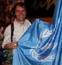 Peace Journalist Andreas H. Landl 2004 UNO-City Vienna with Flag of the United Nations