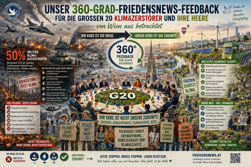 Querformat-Herobild mit Wien als Ausgangspunkt: Links dominiert eine Militär-Klimakatastrophe mit Kampfjets, Panzern, Rauch, Bränden, zerstörter Infrastruktur und dem Hinweis „50 % Militär-Klimakatastrophe“; rechts steht eine helle Zukunftsseite mit Wien, erneuerbarer Energie, öffentlichem Verkehr, Radverkehr, Begrünung, Dialog und Friedenspolitik. In der Mitte tagt symbolisch die G20, davor fordern Menschen Frieden, Gerechtigkeit und Klimaschutz.