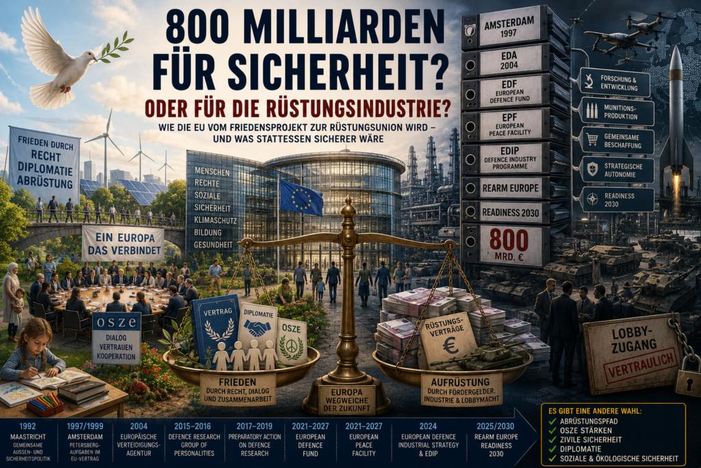 Illustration eines europäischen Friedenshauses, das sich teilweise in eine Rüstungs- und Fördermaschine verwandelt. Eine Waage zeigt Frieden, Diplomatie und Abrüstung auf der einen Seite sowie 800 Milliarden Euro, Rüstungsverträge und Industrieinteressen auf der anderen Seite.