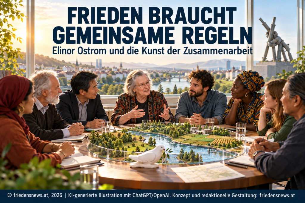 Internationale Gesprächsrunde entwickelt gemeinsam Regeln zur nachhaltigen Nutzung von Wasser, Wäldern und Landschaften. Illustration zu Elinor Ostroms Forschung über Zusammenarbeit, Konfliktlösung und Frieden.