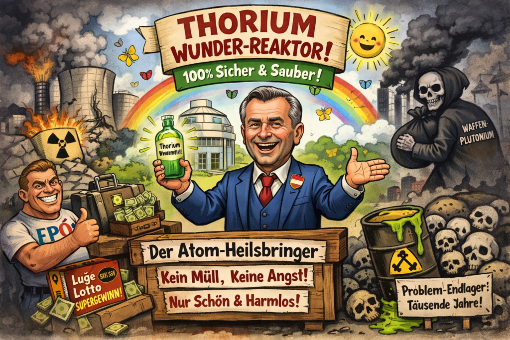 Satirische Illustration: Ein grinsender Politiker preist einen angeblichen „Thorium Wunder-Reaktor“ als „100% sicher und sauber“ an. Um ihn herum stehen Regenbogen, Schmetterlinge und freundliche Werbesymbole, während im Hintergrund brennende Kühltürme, radioaktive Fässer, Totenschädel, Geldkoffer und eine düstere Figur mit der Aufschrift „Waffen-Plutonium“ die Kehrseite der Atom-Heilsversprechen zeigen.