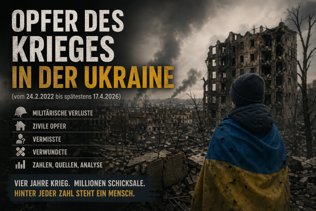 Mensch schaut auf Symbolbild Kriegszerstörungen in der Ukraine und Russland vom 24.2.2022 bis 17.4.2026 - Miltärische Verluste, Zivile Opfer, Vermisste, Zahlen Quellen, Analyse - Hinter jeder Zahl stehen Menschen und Millionen unerwünschte Schicksale.