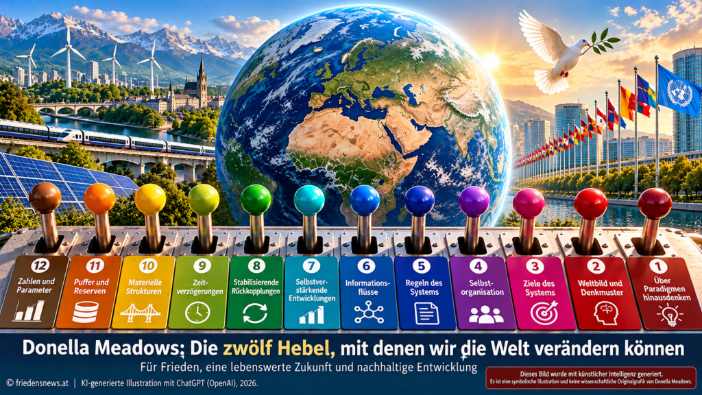 Zwölf farbige Hebel veranschaulichen die Systemhebel der Forscherin Donella Meadows. Im Hintergrund stehen die Erde, Windräder, Solaranlagen, ein Schnellzug und internationale Flaggen für Frieden und nachhaltige Entwicklung.