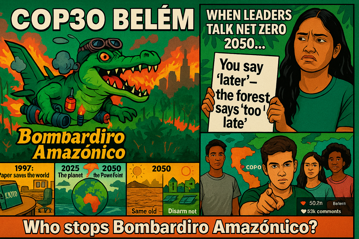 Surreales Meme zur Klimakonferenz COP30 in Belém: ein Krokodil-Jet „Bombardiro Amazónico“, brennender Regenwald, genervte Aktivistin und junge Klimabewegung mit der Frage „Who stops Bombardiro Amazónico?“.