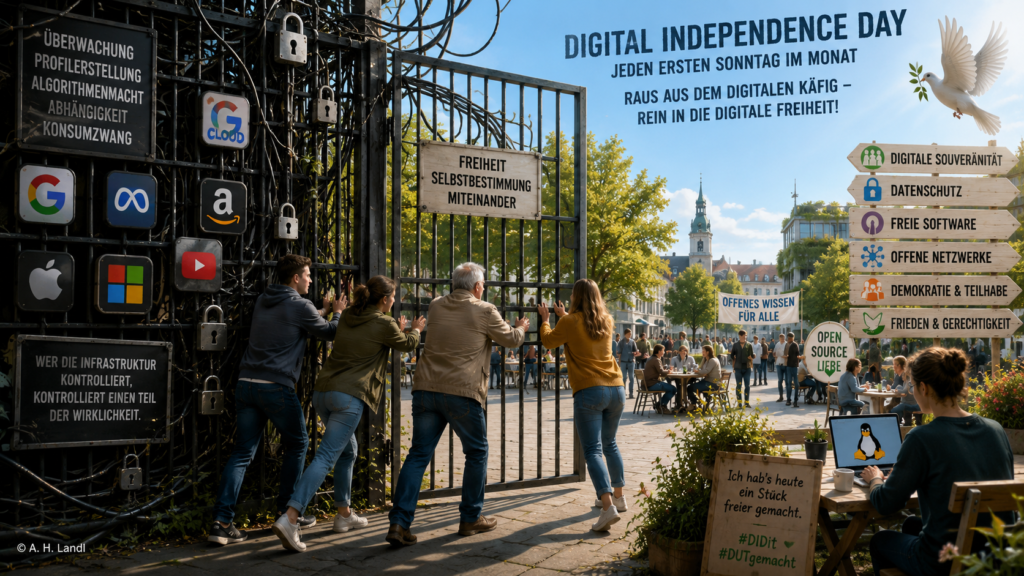 Menschen öffnen ein großes schwarzes Gittertor aus Kabeln, Schlössern und Plattform-Symbolen und treten in einen hellen öffentlichen Platz mit Friedenstaube, offenen Netzwerken, Datenschutz, freier Software und digitaler Souveränität.