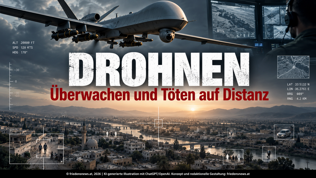 Bewaffnete Militärdrohne über einer Stadt. Digitale Zielmarkierungen zeigen die Überwachung von Menschen und Fahrzeugen. Symbolbild für Drohnenkrieg und gezielte Tötungen.