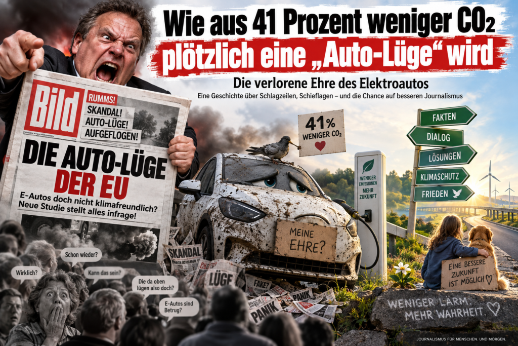 Satirisches Hero-Bild über boulevardartige Berichterstattung zur Klimabilanz von Elektroautos.