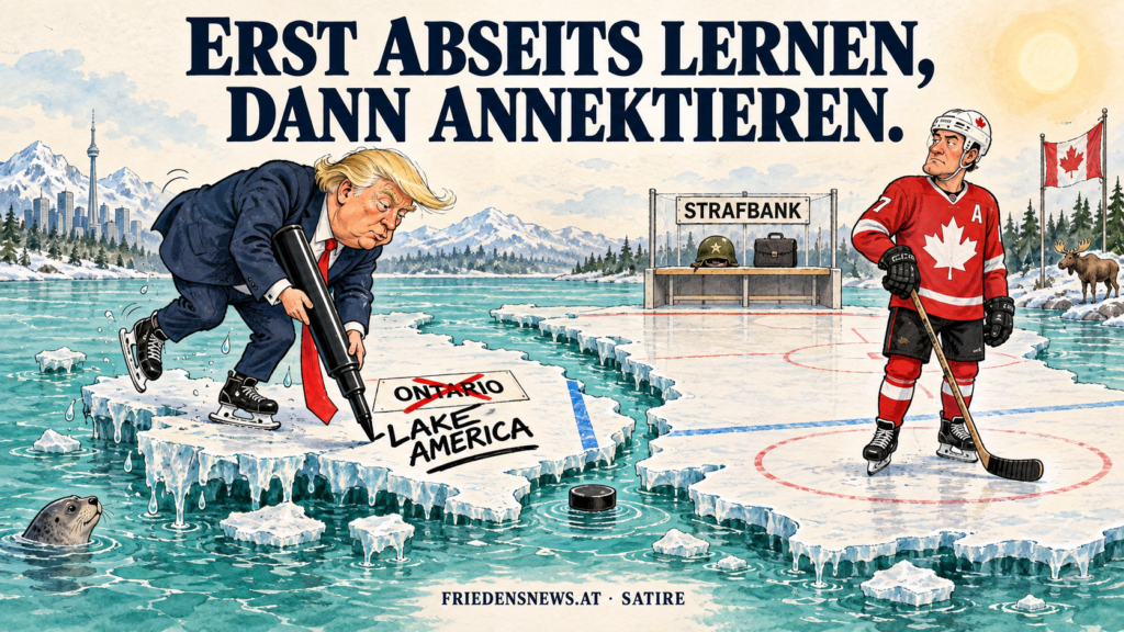 Satirische Karikatur: Donald Trump benennt auf einer schmelzenden Eishockeyfläche den Ontariosee mit einem übergroßen Filzstift in „Lake America“ um. Ein kanadischer Eishockeyspieler schaut skeptisch zu. Auf einer Strafbank liegen Militärhelm und Aktenkoffer. Darüber steht: „Erst Abseits lernen, dann annektieren.“