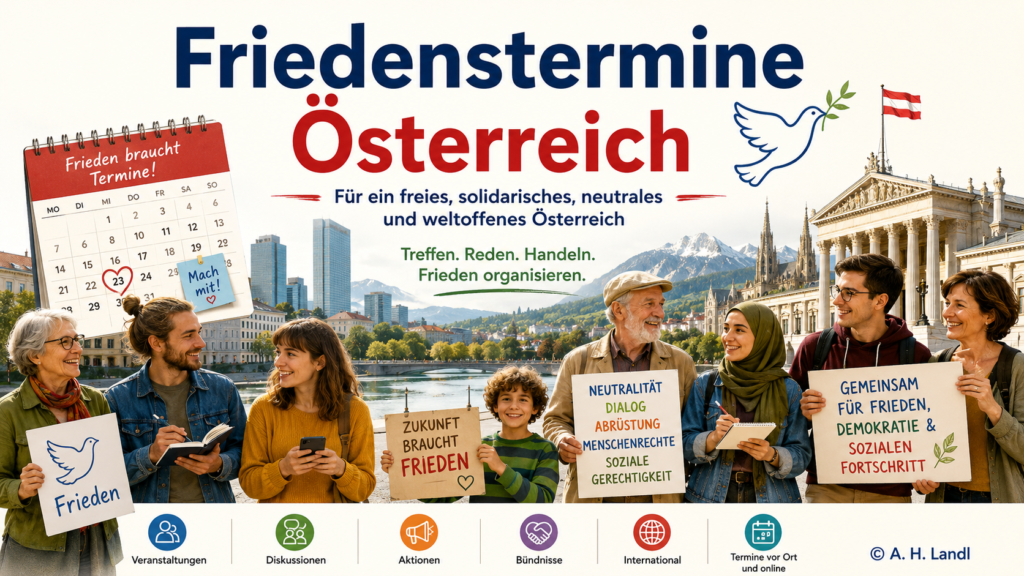 Hero-Bild zu Friedensterminen in Österreich: Eine vielfältige Gruppe von Menschen steht auf einem hellen öffentlichen Platz mit Kalendern, Notizbüchern und Friedensschildern. Im Hintergrund sind österreichische Symbole wie Wien, Alpen, Parlament und UNO-City angedeutet.