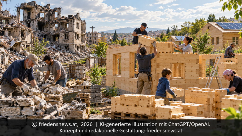 Symbolische Illustration zum friedensfördernden Wiederaufbau: Menschen errichten mit modularen Holzbausteinen neue Häuser zwischen kriegsbeschädigten Gebäuden. Begrünung und Solaranlagen stehen für Klimaschutz und gemeinschaftlichen Neubeginn.