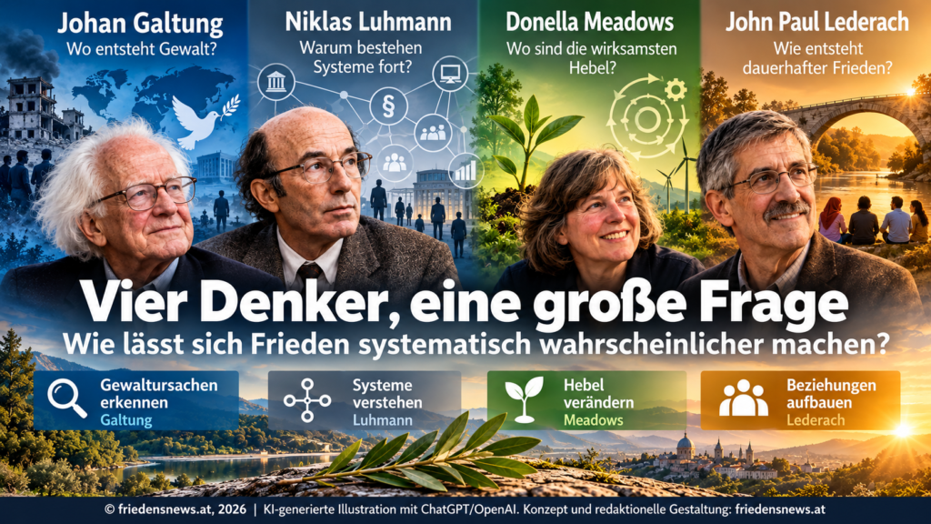 Illustration von Johan Galtung, Niklas Luhmann, Donella Meadows und John Paul Lederach mit ihren vier Ansätzen für nachhaltigen Frieden.