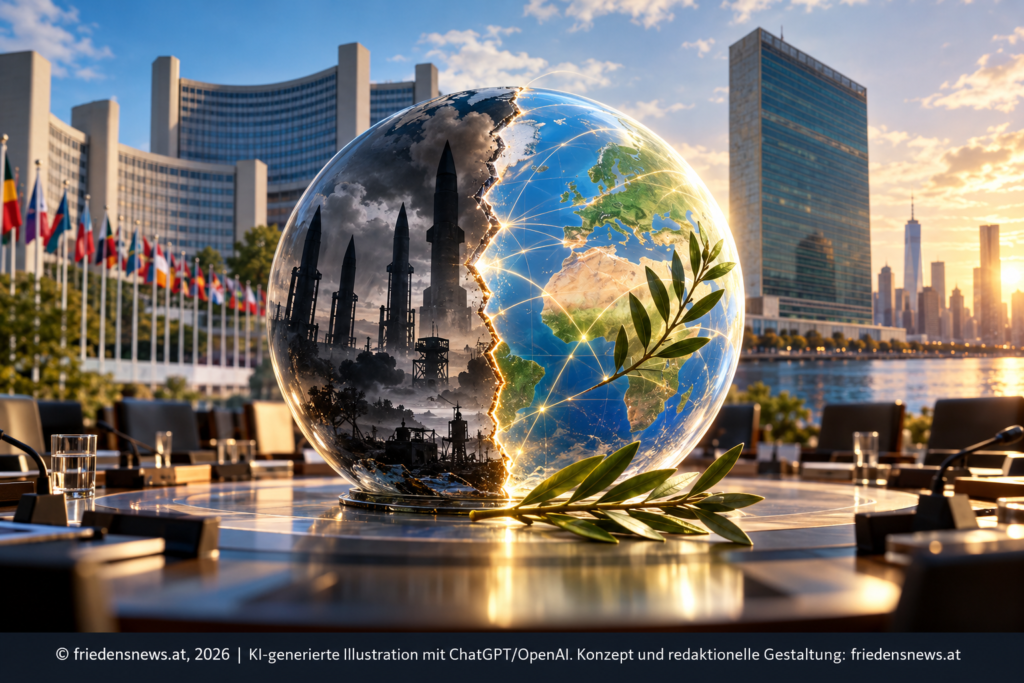 Symbolische Weltkugel zwischen nuklearer Aufrüstung und friedlicher Zusammenarbeit vor den Vereinten Nationen. Eine Illustration zur globalen Abrüstungsdebatte 2026.