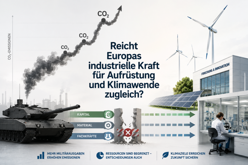 Grafische Gegenüberstellung von Panzer und Rüstungsproduktion auf der einen sowie Windkraft, Solarenergie und grüner Forschung auf der anderen Seite.