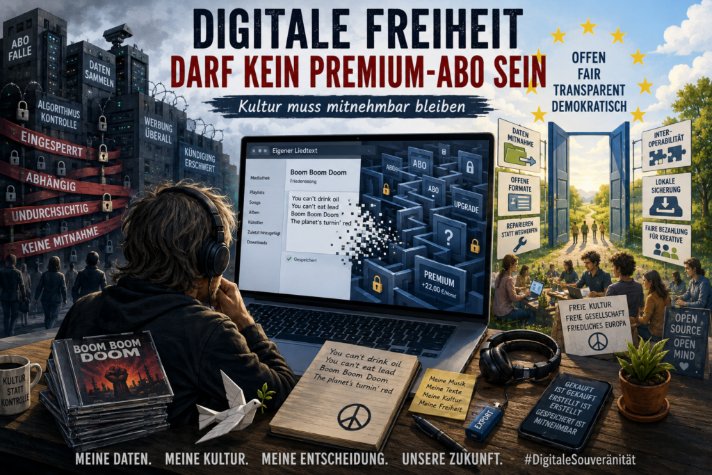Illustration eines Musikers vor einem Laptop, dessen eigener Liedtext in einem digitalen Labyrinth aus Abo-Symbolen und Schlössern verschwindet; im Hintergrund schützt ein europäischer Sternenkranz offene Kultur, Datenmitnahme und digitale Selbstbestimmung.