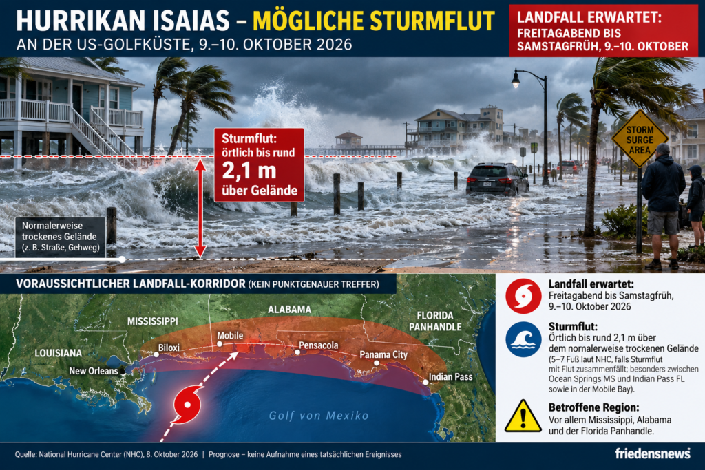 Infografik zu Hurrikan Isaias an der US-Golfküste am 9.–10. Oktober 2026: Eine mögliche Sturmflut von bis zu 2,1 Metern überschwemmt Straßen und Küstenhäuser. Eine Karte zeigt den prognostizierten Landfall-Korridor zwischen Mississippi, Alabama und dem Florida Panhandle.
