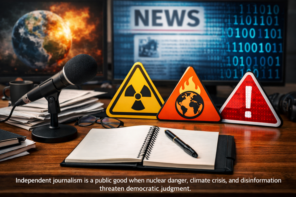 Symbolic picture shows a newsrooms where independent Journalism is a public good when nuclear danger, climate crisis, and disinformation threaten demodratic judgment.