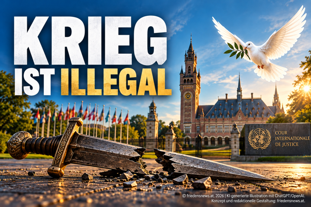 Zerbrochenes Schwert vor dem Friedenspalast in Den Haag. Eine weiße Friedenstaube symbolisiert die Überwindung des Krieges durch das Völkerrecht.