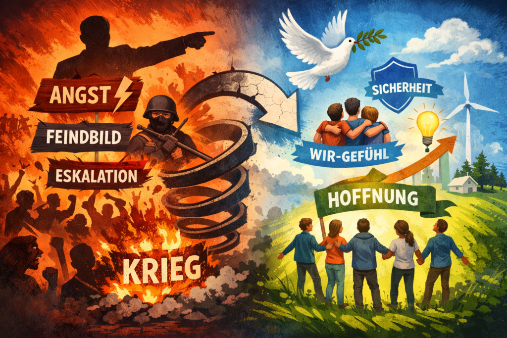 Symbolisches Teaserbild zur Massenpsychologie in Krisenzeiten: Links eine dunkle Spirale aus Angst, Feindbild und Eskalation bis hin zum Krieg, rechts eine helle Szene mit Gemeinschaft, Sicherheit und Hoffnung als friedliche Antwort auf kollektive Verunsicherung.