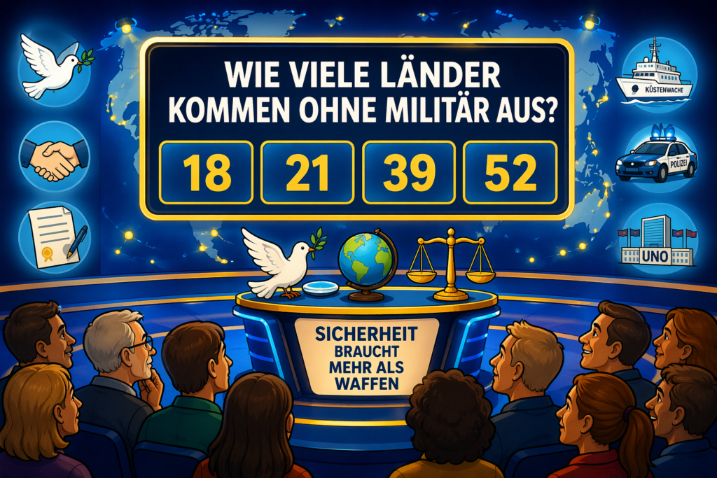 Illustration einer friedlichen Quizshow-Bühne vor einer Weltkarte. Auf einer großen Anzeigetafel steht die Frage „Wie viele Länder kommen ohne Militär aus?“ mit den Antwortfeldern 18, 21, 39 und 52. Rund um die Bühne sind Symbole für zivile Sicherheit zu sehen, darunter Friedenstauben, Handschlag, Vertrag, Küstenwache, Polizei und UNO-Gebäude. Im Vordergrund sitzt ein interessiertes Publikum. Unten auf dem Pult steht der Satz „Sicherheit braucht mehr als Waffen“.