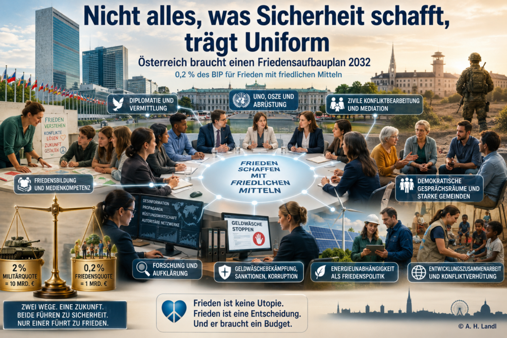 Hero-Bild zu Österreichs möglicher Friedensquote: Menschen aus Diplomatie, Schule, Forschung, Gemeinden, Energieunabhängigkeit und Menschenrechtsarbeit zeigen, dass Sicherheit nicht nur militärisch entsteht.

