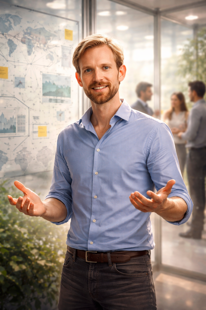 Rutger Bregman in modernem Arbeitsraum vor Glaswand mit Diagrammen zu globaler Kooperation und Netzwerken