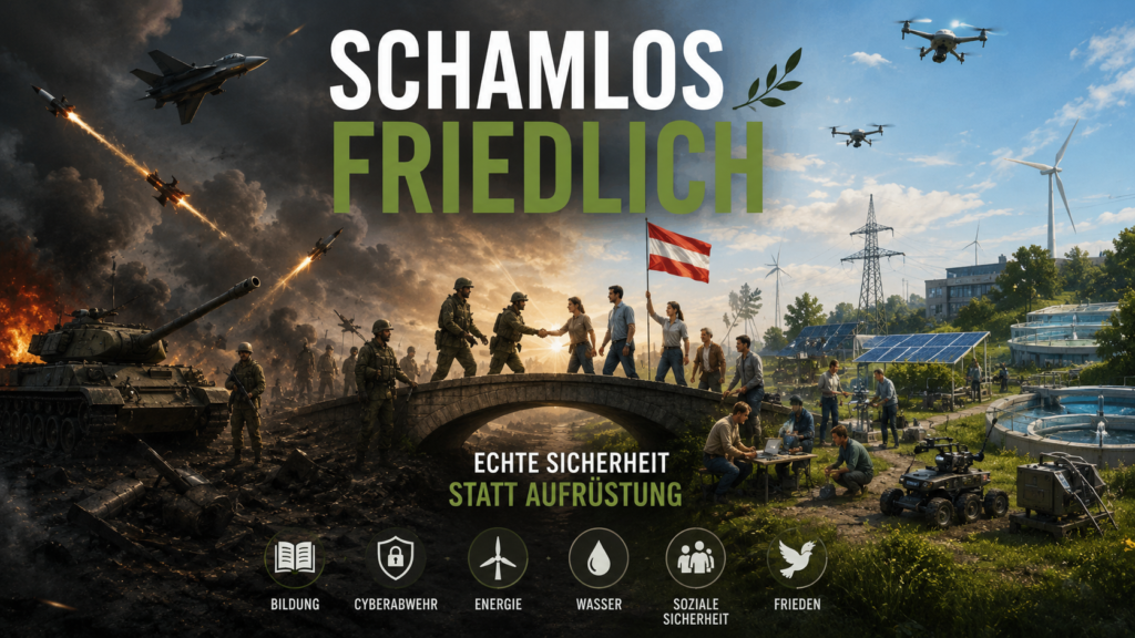 Symbolisches Teaserbild: Österreich zwischen Krieg und Zukunft. Soldat*innen und Zivilgesellschaft verbinden Verteidigung, Cyberabwehr, Energie, Wasser, Bildung, soziale Sicherheit und Frieden zu umfassender Sicherheit statt bloßer Aufrüstung.