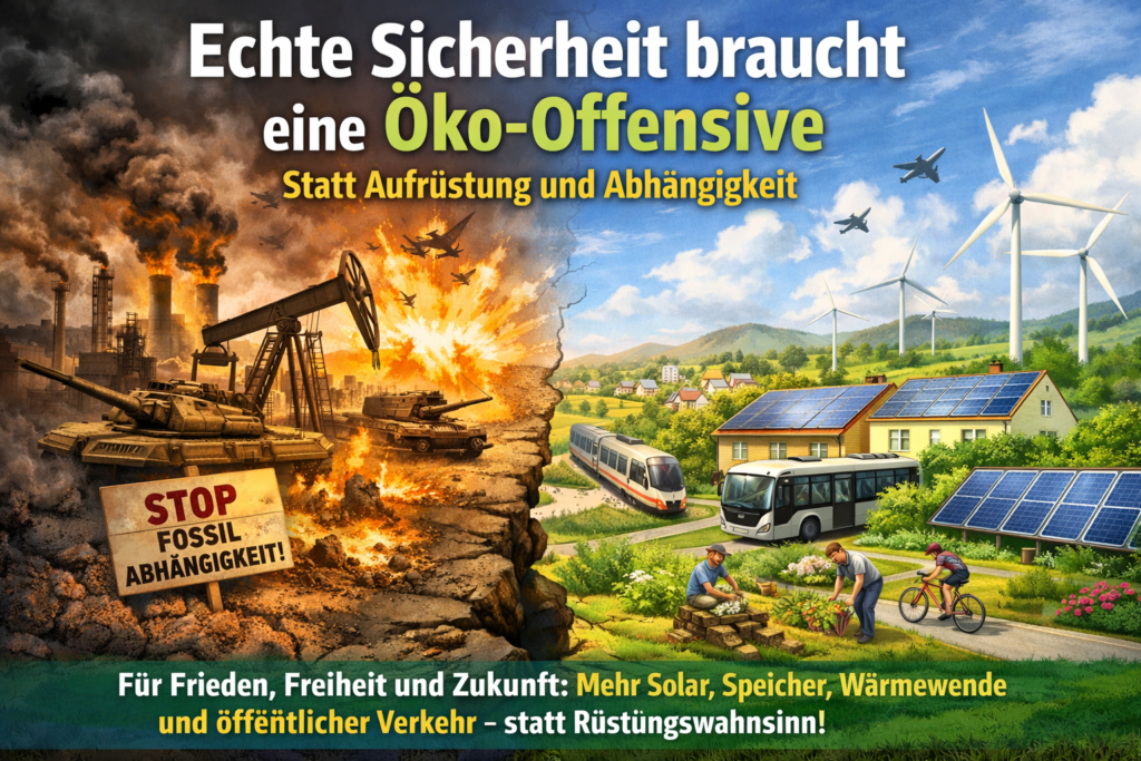 Illustration zur friedlichen Sicherheitspolitik in Europa: links Krieg, fossile Abhängigkeit, Öl, Rauch und Zerstörung, rechts eine lebenswerte Zukunft mit Photovoltaik, Windkraft, Bahn, Bus, Fahrrad, Gärten und dezentraler Energieversorgung. Die Bildaussage: echte Sicherheit entsteht durch Öko-Offensive statt durch Aufrüstung und fossile Abhängigkeit.