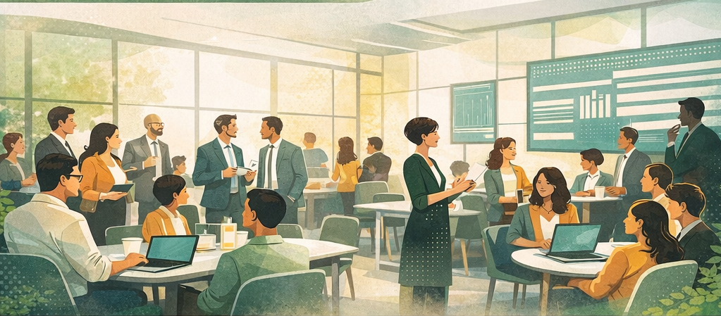 Illustration eines hellen, offenen Konferenzraums mit vielfältigen Menschen in Gesprächen und Arbeitsgruppen zum Thema gemeinsames Entscheiden und Systemisches Konsensieren.