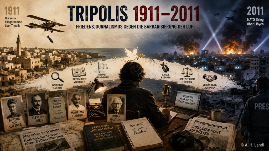Hero-Bild zu Tripolis 1911 und 2011: Historische Fliegerbombe, moderner Libyenkrieg und ein Friedensjournalist zwischen Alfred H. Fried, Bertha von Suttner, Gandhi und Johan Galtung.