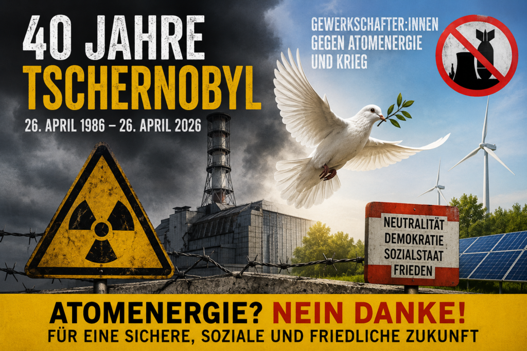 Symbolbild zu 40 Jahre Tschernobyl: Atomkraftwerk, Warnzeichen, Friedenstaube und Hinweis auf Neutralität und demokratische Energiewende.