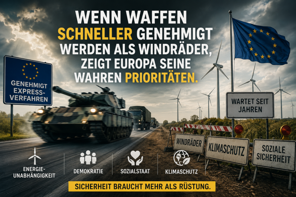 Politisches Symbolbild: Rüstungsprojekte werden in der EU schneller genehmigt, während Windräder, Klimaschutz und soziale Sicherheit warten müssen.