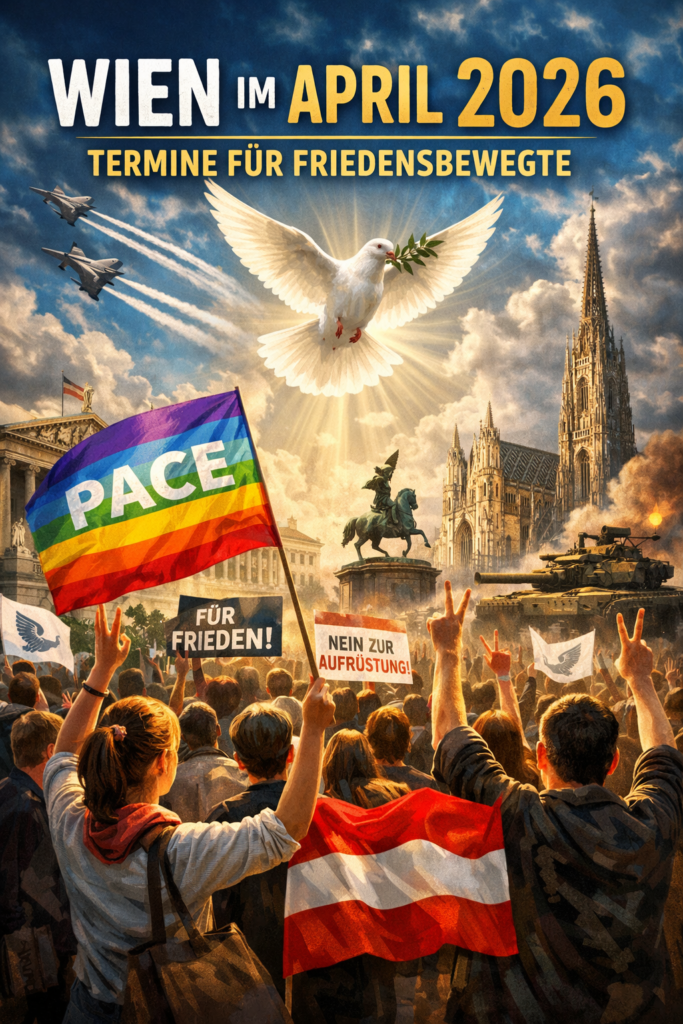 Symbolbild für Friedensprotest in Wien im April 2026: Demonstrierende mit Fahnen und Schildern gegen Aufrüstung vor dem Stephansdom.